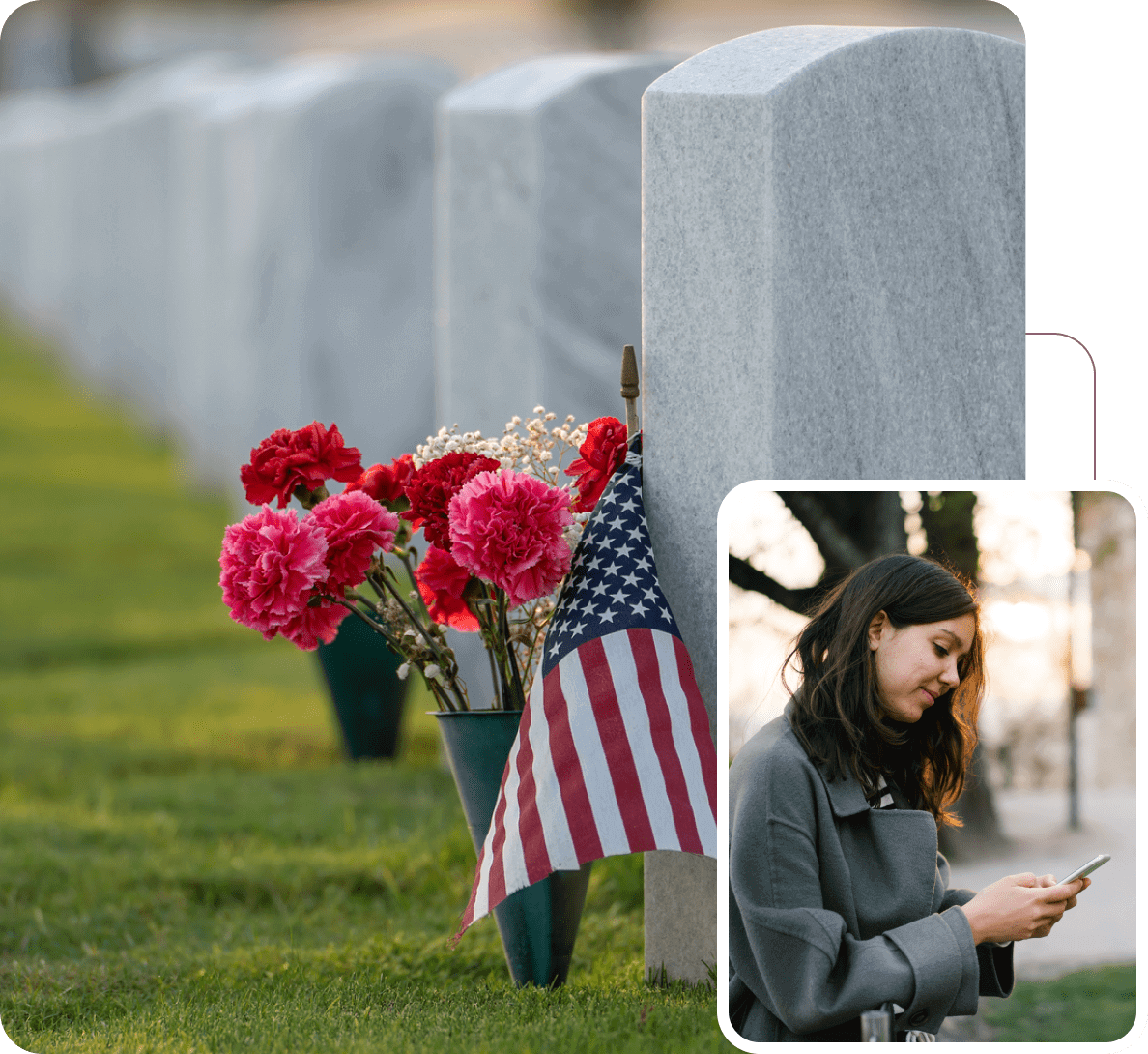 Woman checking phone near cemetery memorial