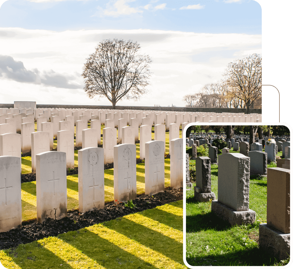 Cemetery with rows of white gravestones.